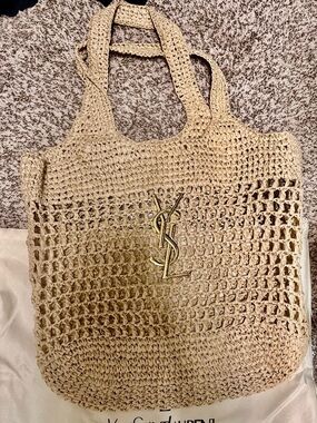 Natural Crochet Tote with Gold Emblem